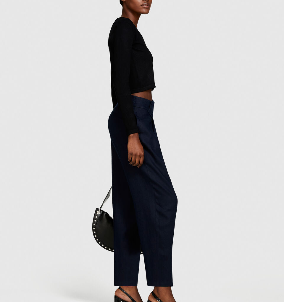 100% linen barrel leg trousers - women's carrot fit trousers - Dark Blue | Sisley image number 2